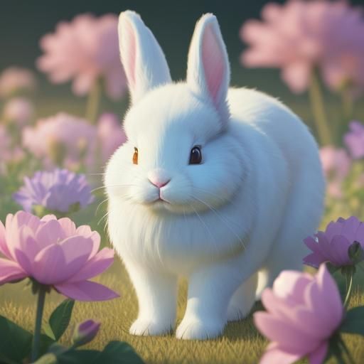 Rainbow Bunny in Pastel Flower Field