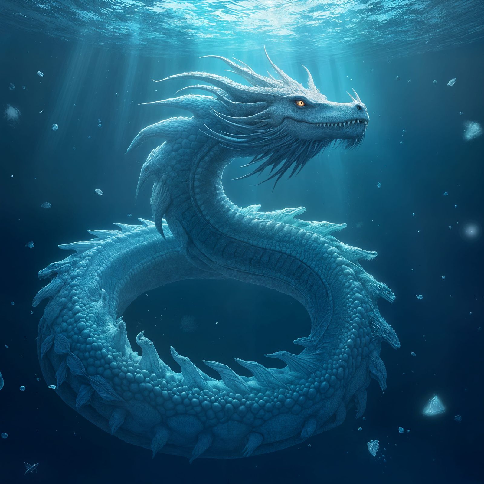 Glowing Blue Dragon Beneath Icy Waters
