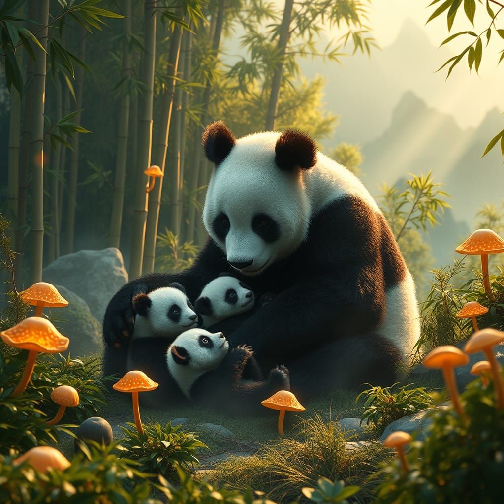 Panda Family in Lush Sichuan Nature Reserve