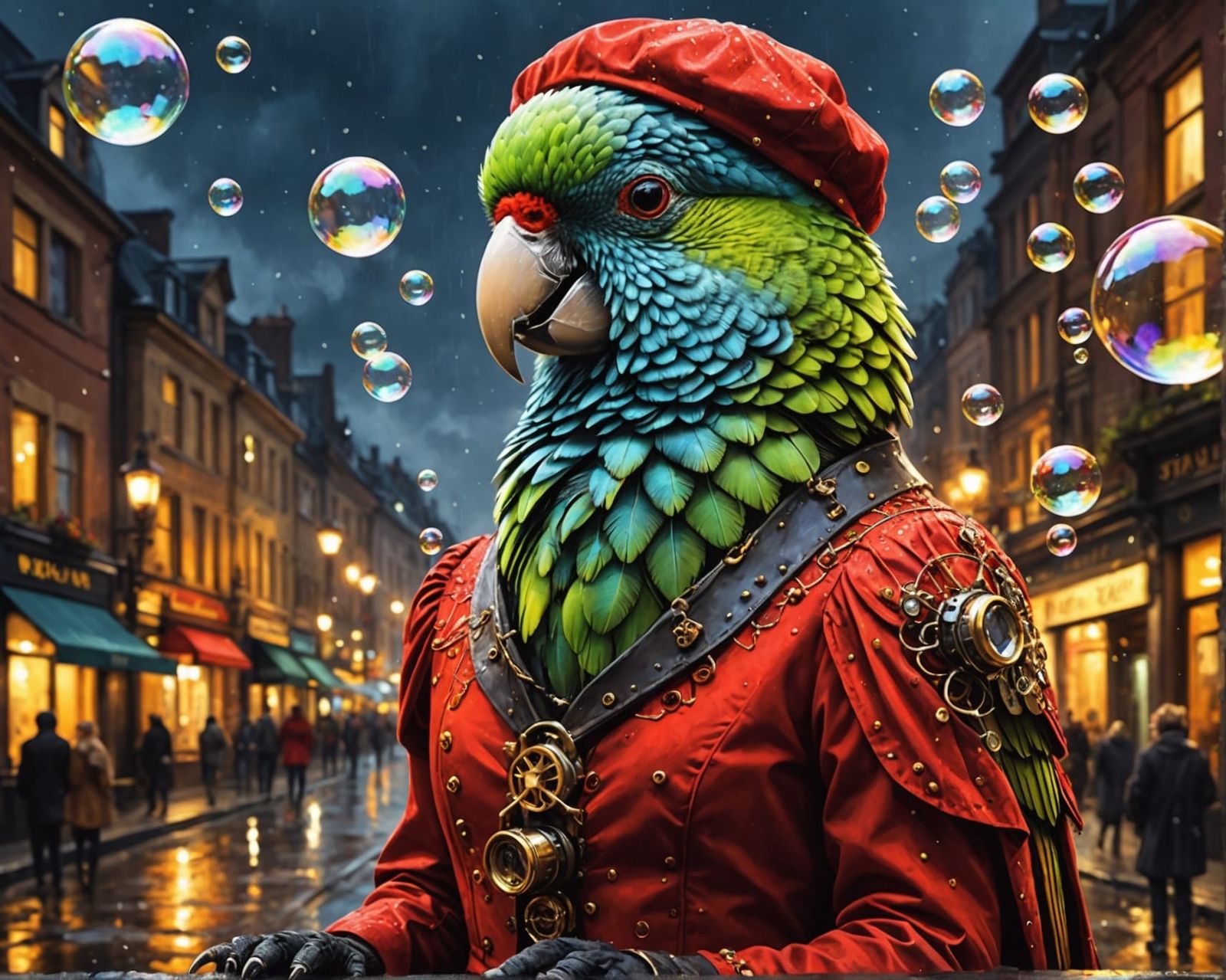 Steampunk Parakeet Bubbles in Vivid Oil Painting