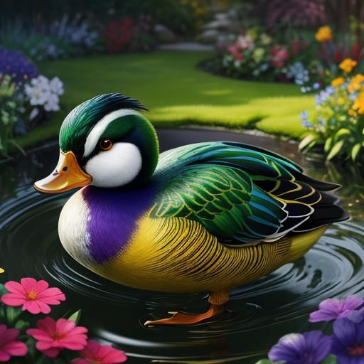 Hyperrealistic Duck in a Colorful Garden