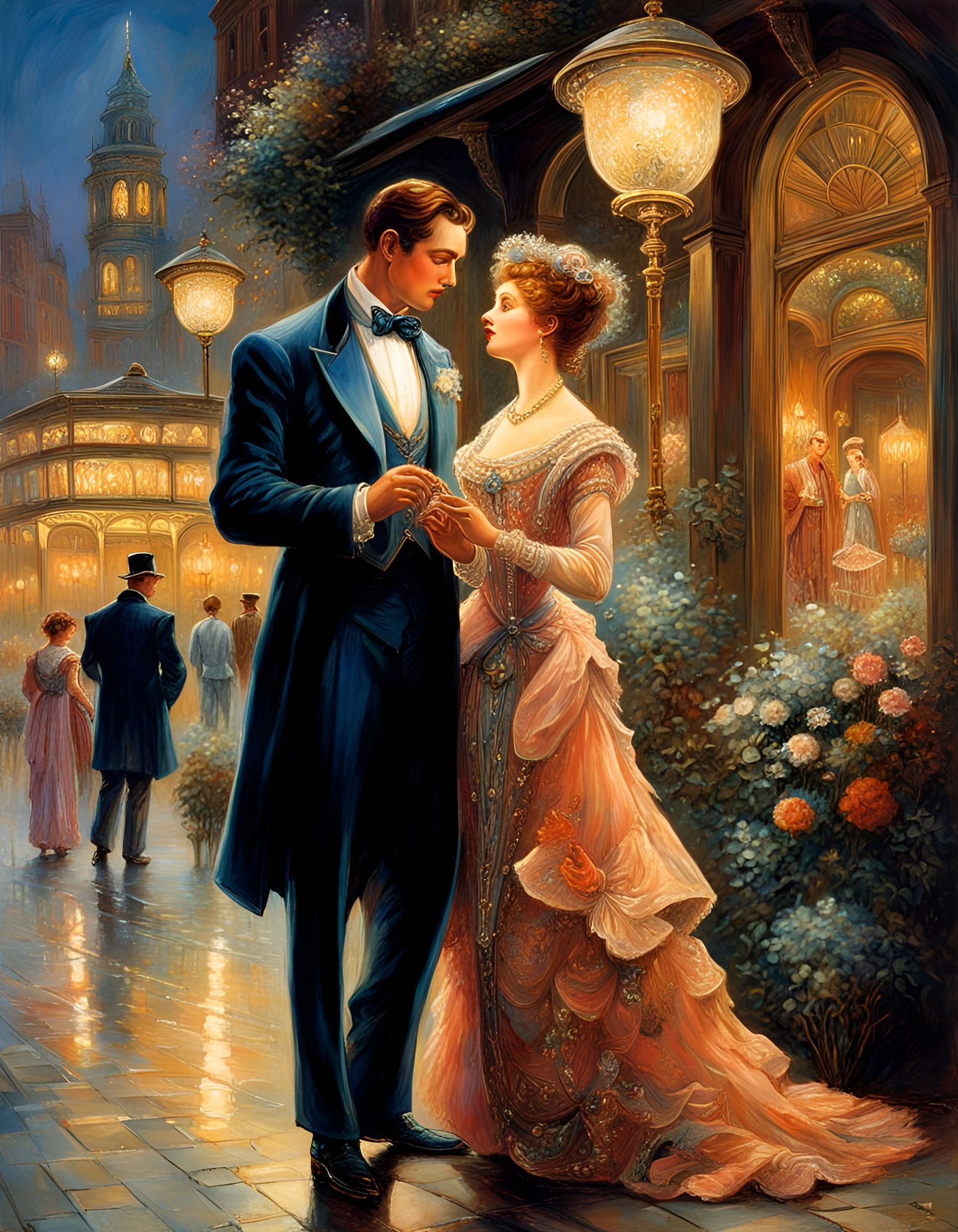 Elegant Couple Leaving Restaurant: Retro Illustration