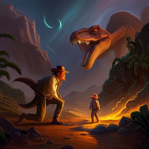 Cowboy's T-Rex Discovery: Dark Fantasy Concept Art