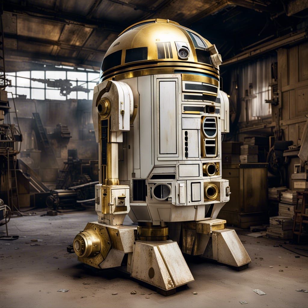 Dilapidated White and Gold Astromech Droid on Coruscant