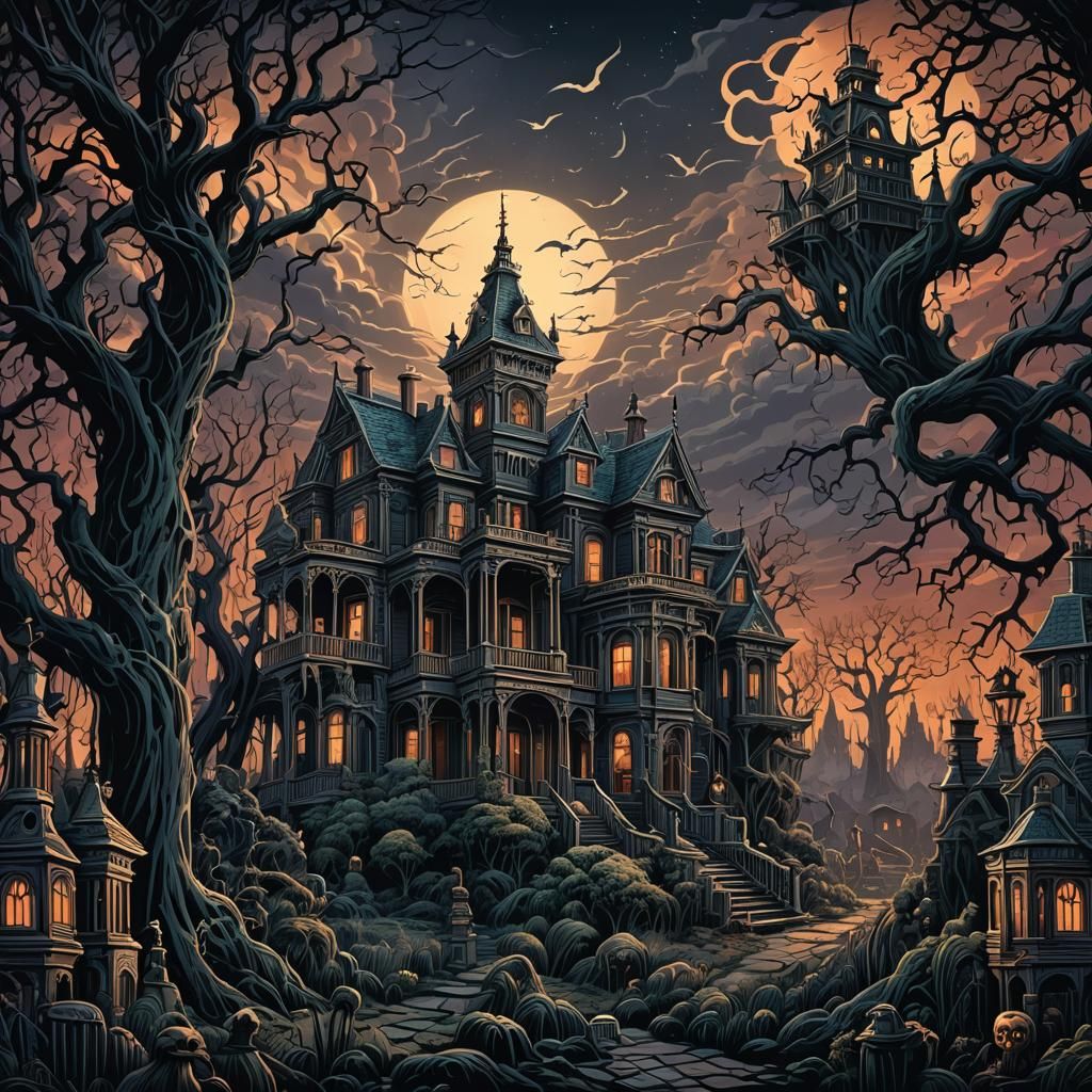 Haunted Mansion Overrun by Spirits: Comic Book Style