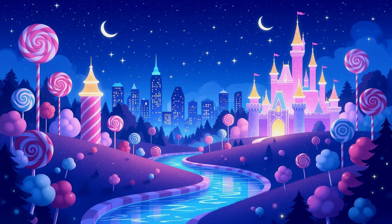 Magical Candy Wonderland Cityscape at Night