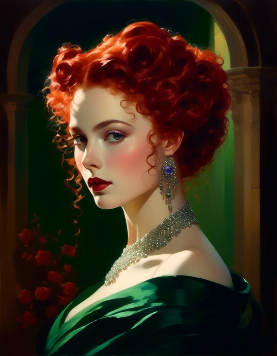 Red-Haired Goddess Portrait in Watercolor Crayon Style