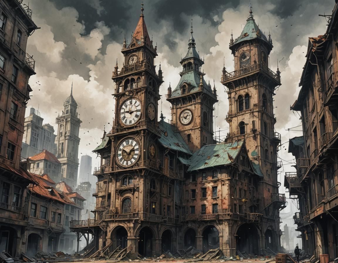 Steampunk Clock Tower in Abandoned Metropolis