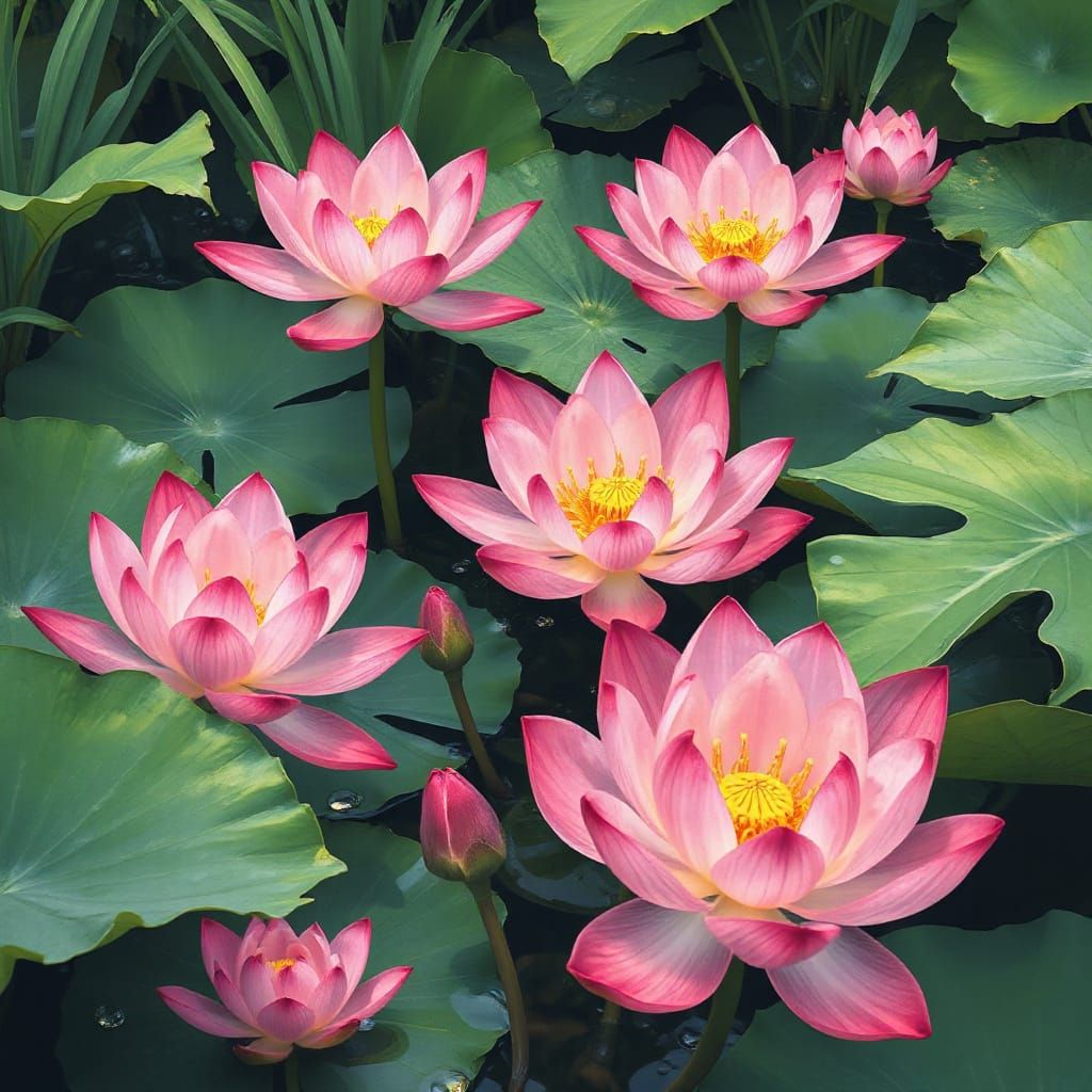 Lotus Flowers in Pond: Digital Painting Style
