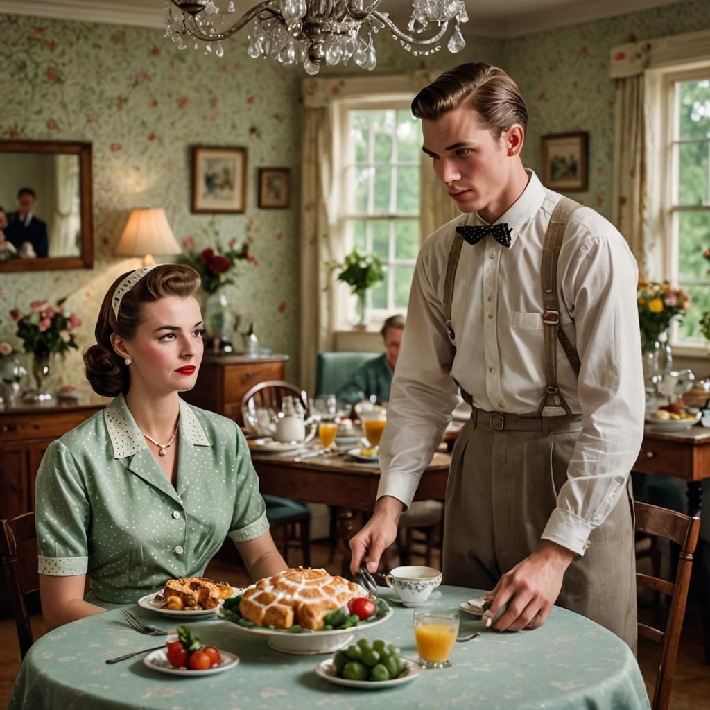 Boy Crossdressing in 1950s Dress, Hyperrealistic Photo