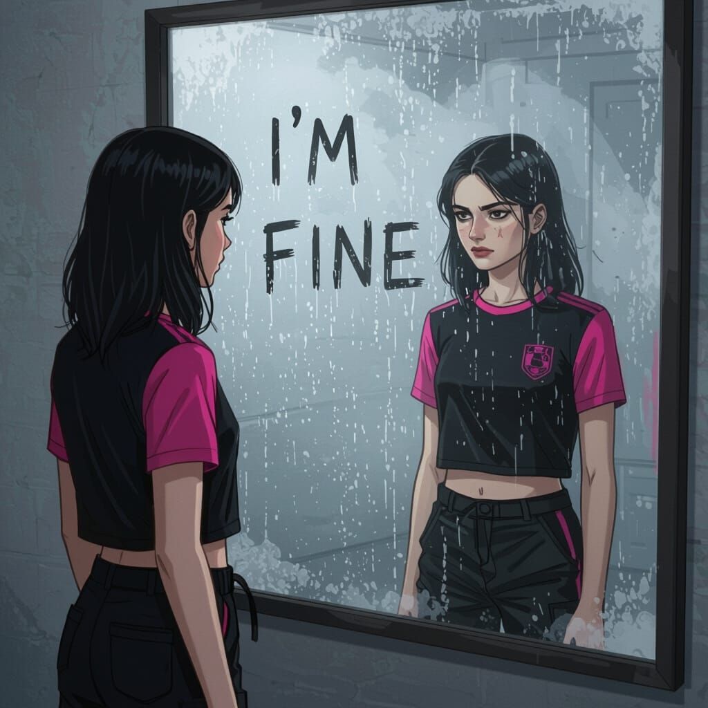 Teenage Girl and Foggy Mirror in Cinematic Style