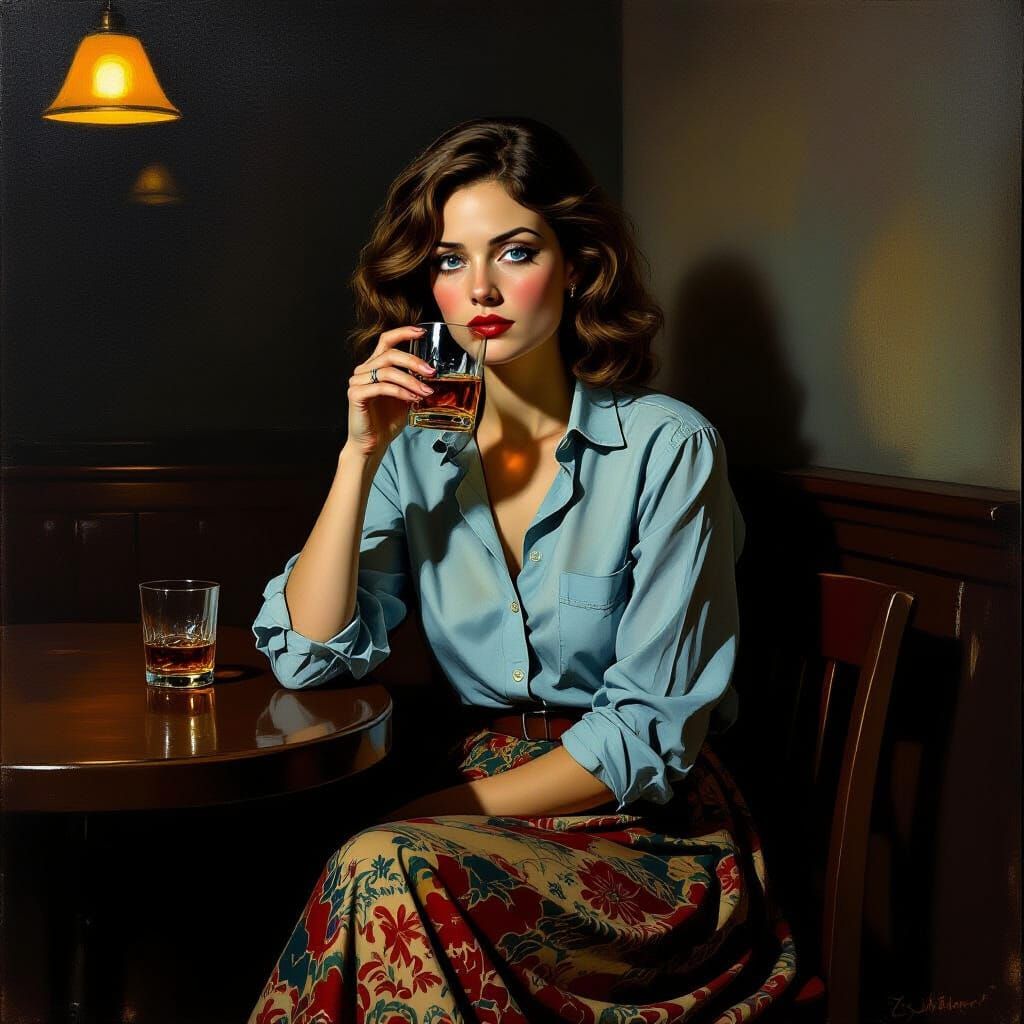 Solitary Woman at Bar in Realistic Style