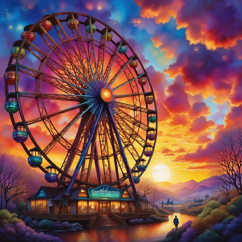 Carnival Ferris Wheel at Sunset, Digital Matte Painting