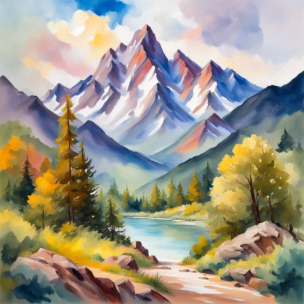 Impressionist Mountain Landscape in Gouache Style