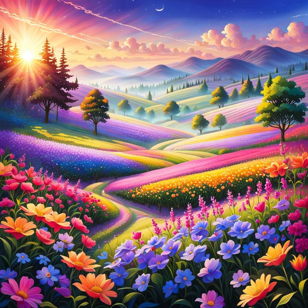 Dreamscape Flower Field Under Morning Glow