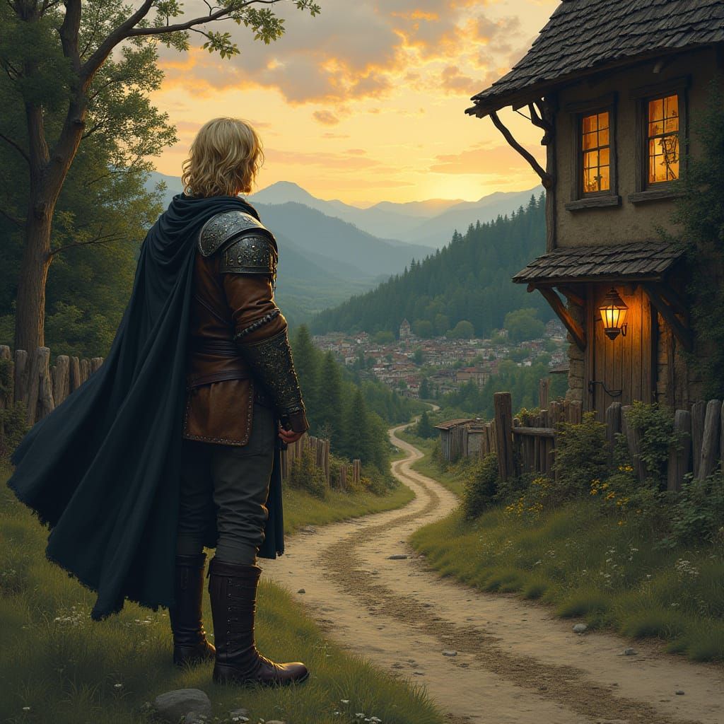 Hero Stands at Dusk Beside Rustic Inn, Gazing into the Fores...