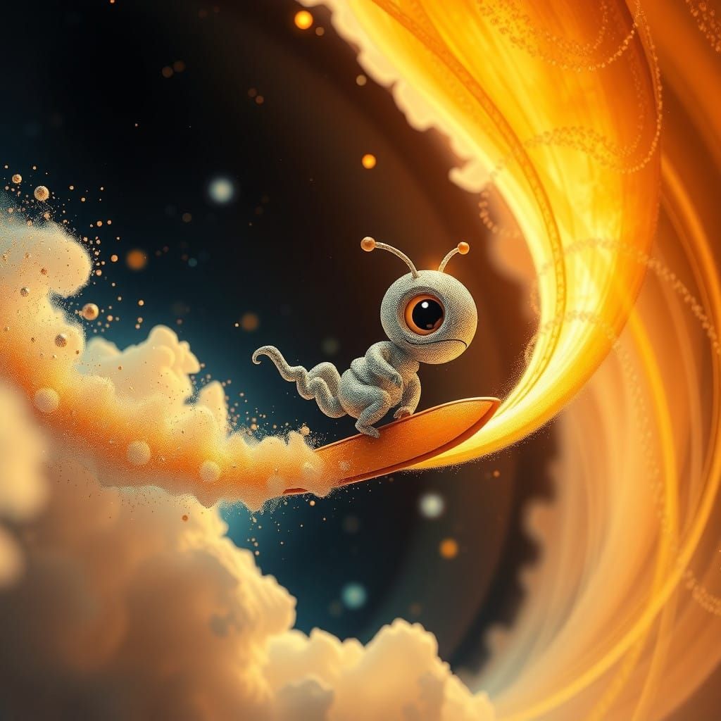 Kawaii Cosmic Surfer in Celestial Landscape