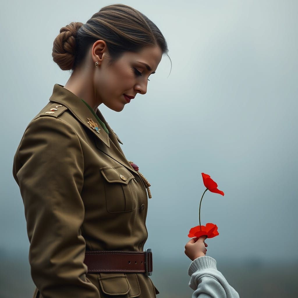 Woman in Military Uniform Reflects on Remembrance with Child...