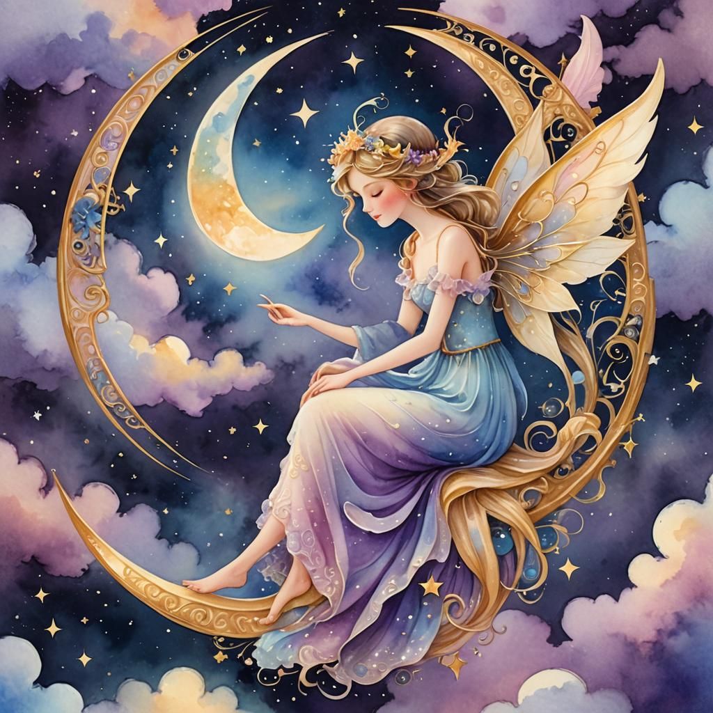 Whimsical Fairy on Crescent Moon in Watercolor Style