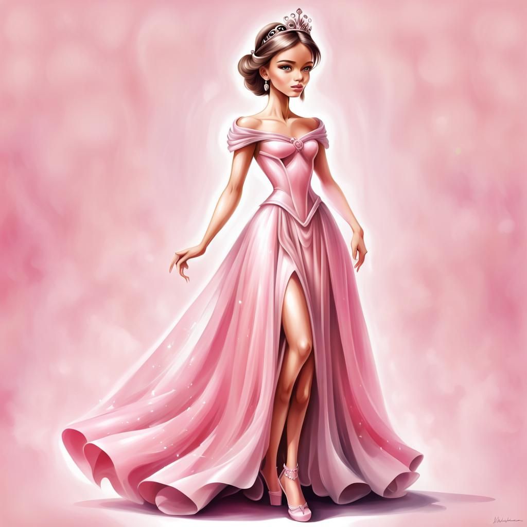 “Airbrush illustration
full body, Standing, Full view
a beautiful princess
with a light pink dress