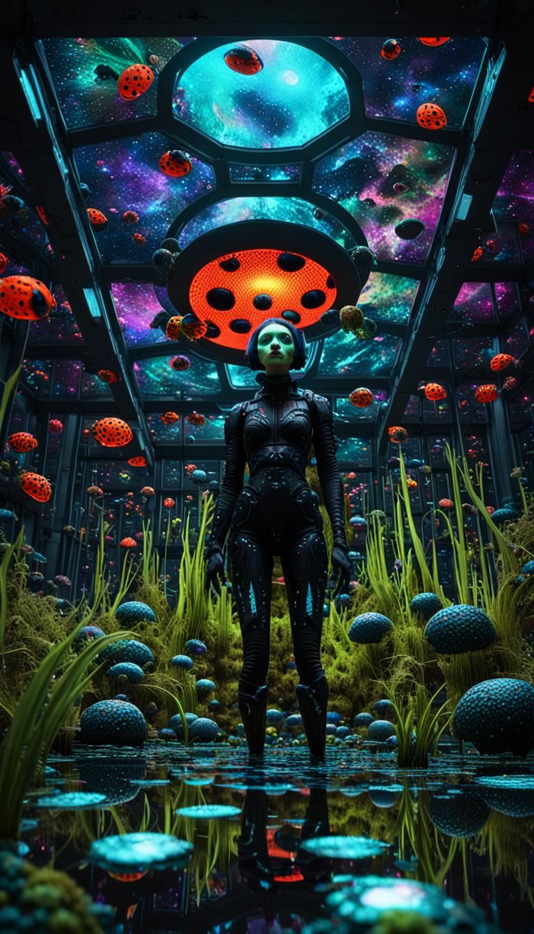 Hyperralism, 

Dark sci-fi flowery swamp scene, 

hot woman, 

alien planet, 

drone shot, 

black cube, 

ladybug, 

my...