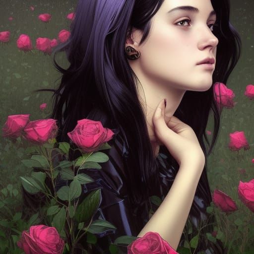 Teenage Girl in Black Rose Field: Art Nouveau Portrait