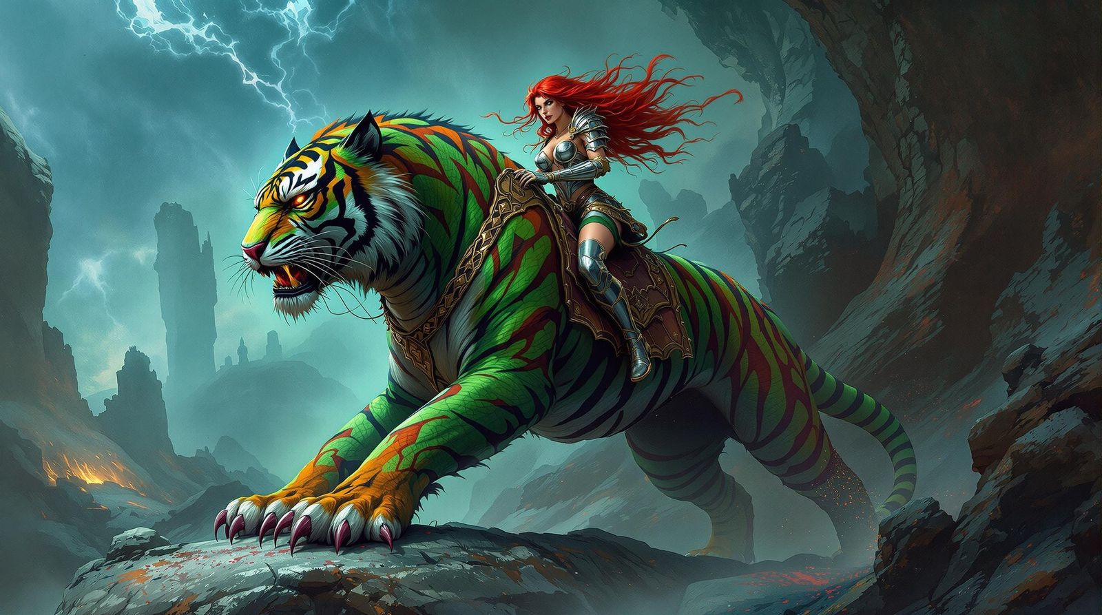 Regal Red Sonja on a Serpentine Tiger, in a Dark Fantasy Lan...