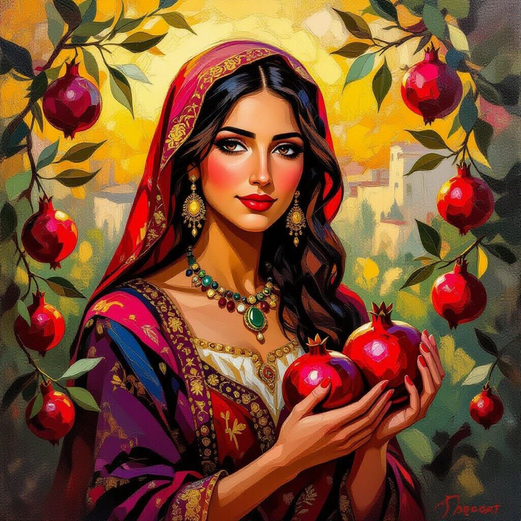 Palestinian Pomegranate Goddess in Neo-Impressionist Style