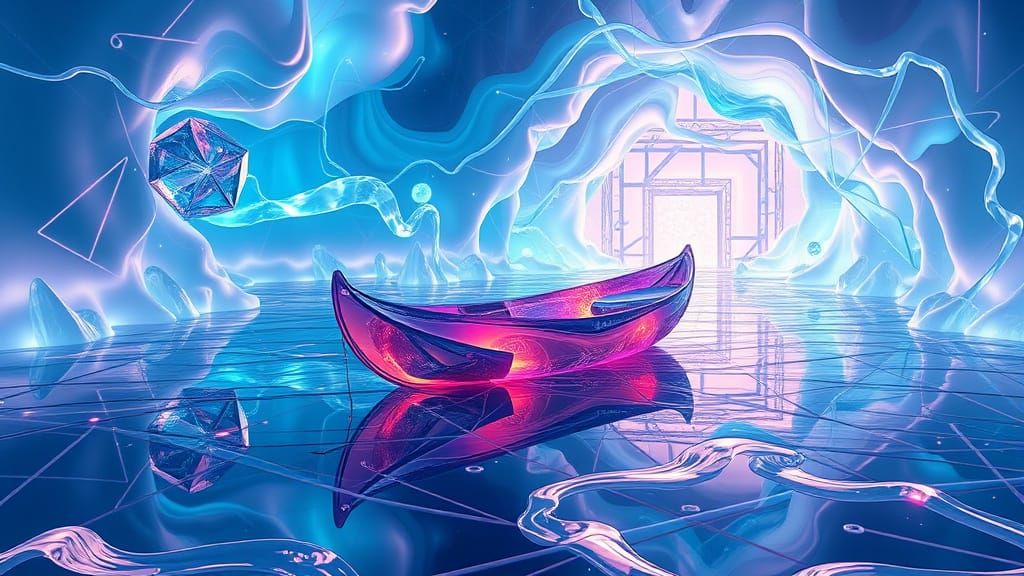 Futuristic Ferrofluid Rowboat in 4D Tesseract Landscape