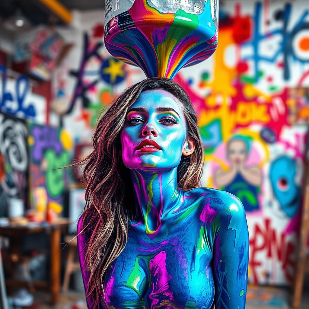 Holographic Woman in Rainbow Paint Cascade