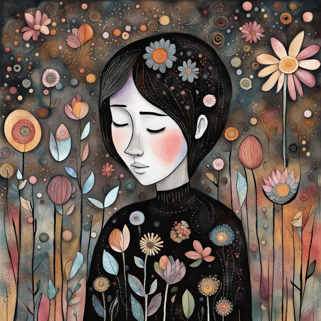 Woman in Flowery Mindscape: Art Brut Illustration