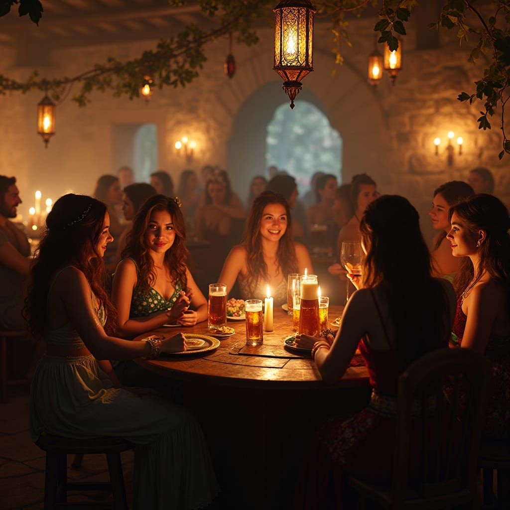 Lively Fantasy Tavern Scene with Exotic Attire