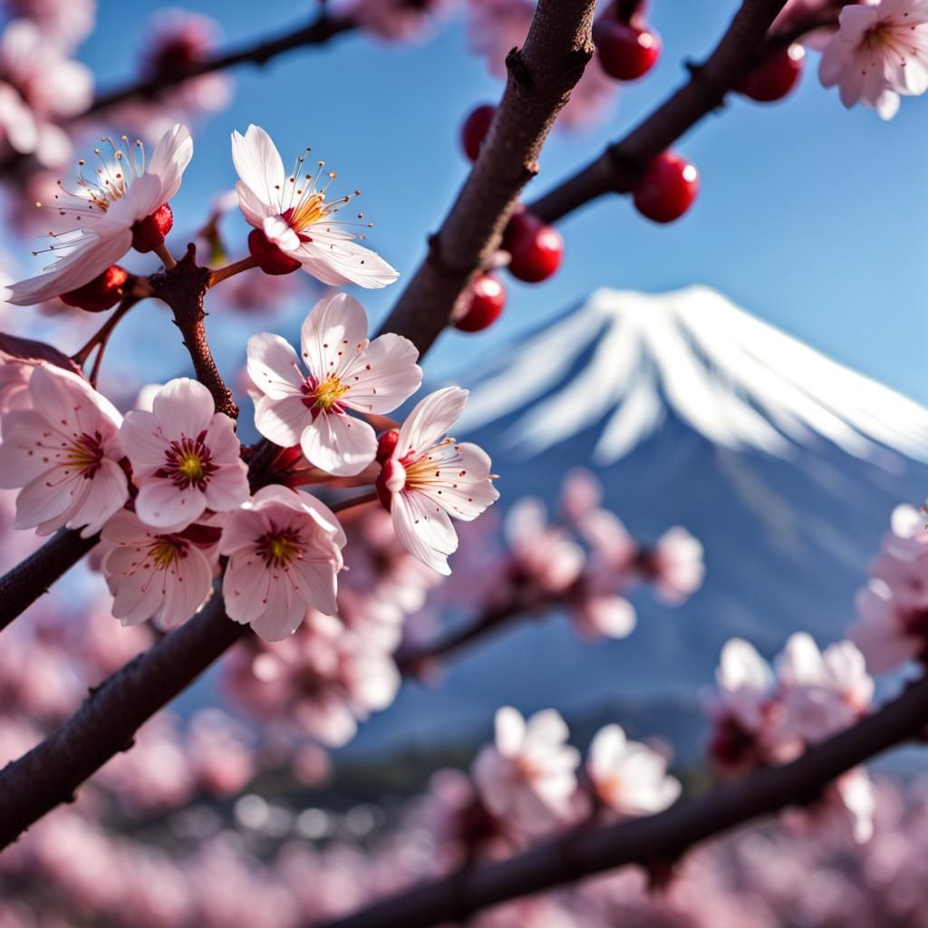 Hyperrealistic Macro of Cherry Blossom with Mount Fuji