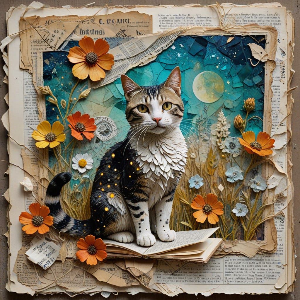 Whimsical Cats in Vintage Mixed Media Art
