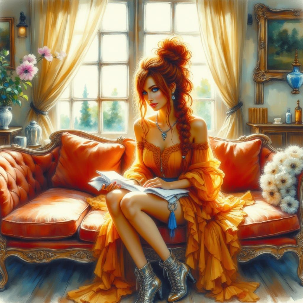 Woman Knitting in Sunlit Room, Gouache & Watercolor Style