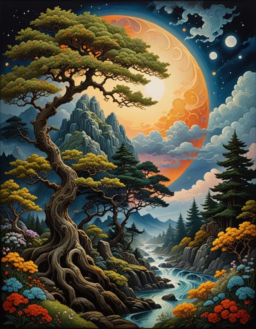 Vibrant Neo-Expressionist Yinyang Moon Scene in Gouache Styl...
