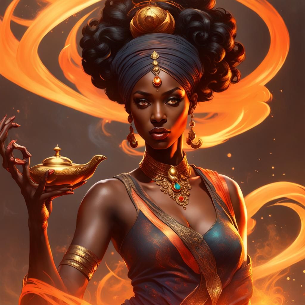 Black Genie Emerges from Lamp in Digital Art