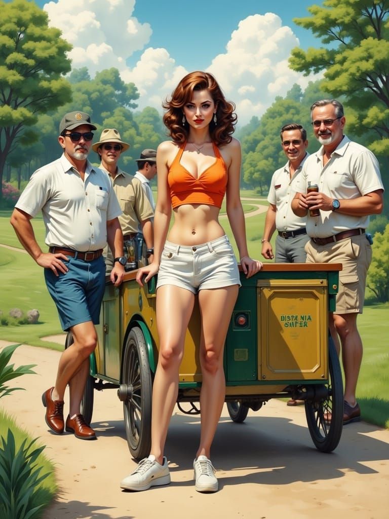 Beverage Cart Girl at the Golf Course in Cartoon Style