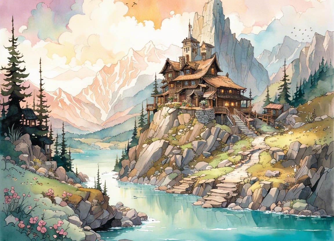 Mountain Cliff Landscape in Pastel Watercolour Style