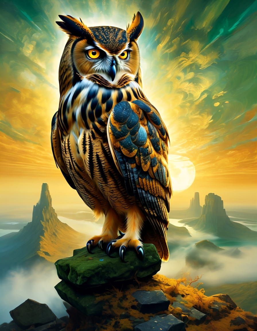 Owl Perched on Cairn in Golden Light