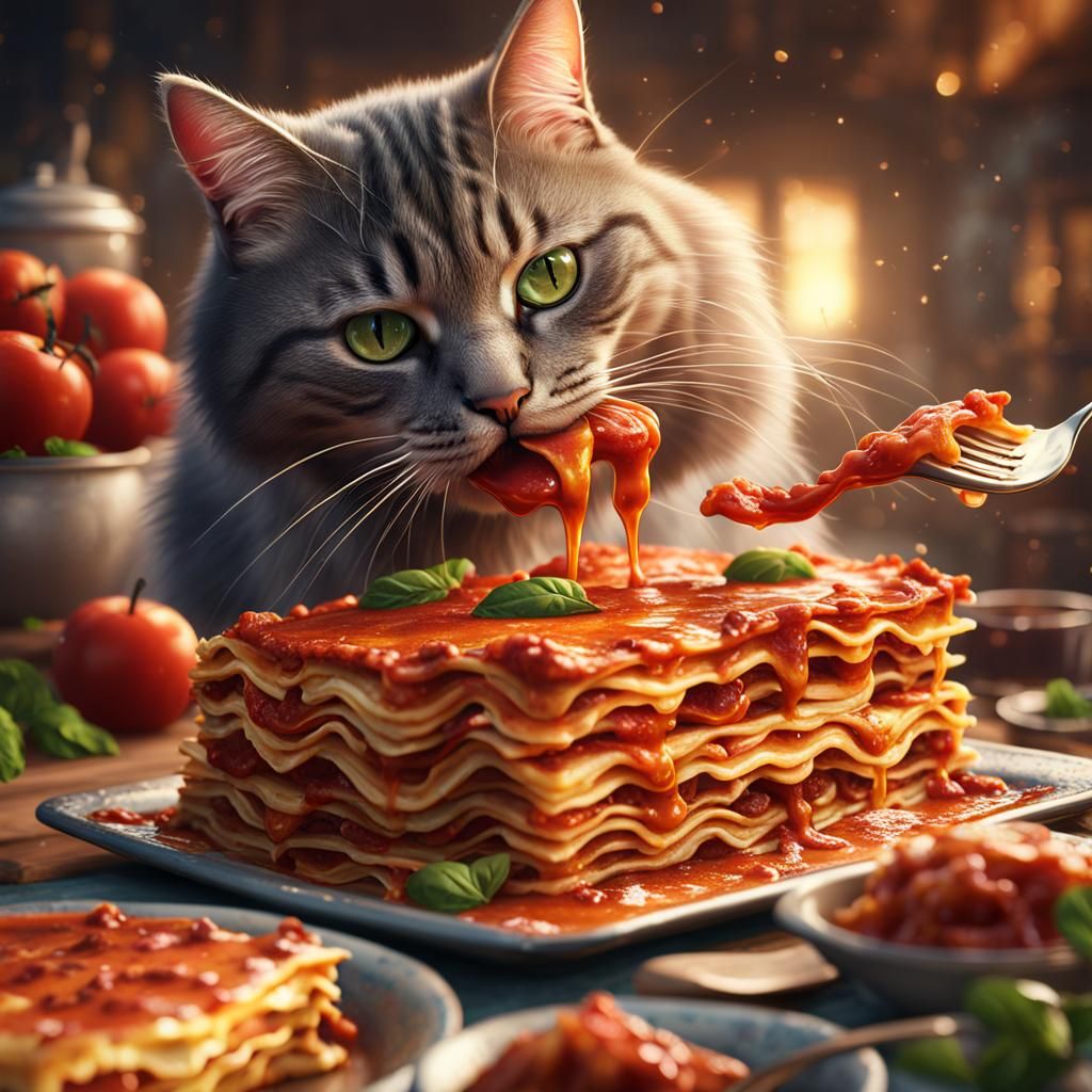 Cat Licking Lasagna: Detailed Digital Matte Painting