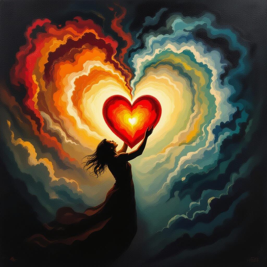 Surrealist Oil Painting of Love Anchoring Sanity Amidst Chao...