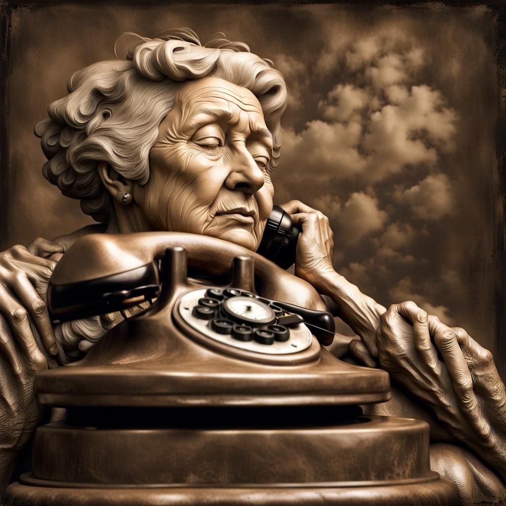 Old Woman Sleeping on Rotary Phone Statue