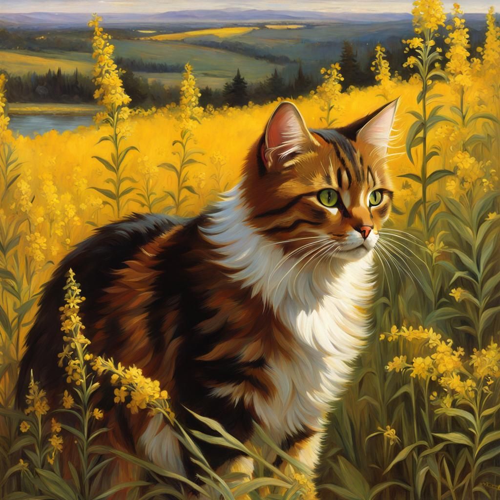 Cat in a Field of Goldenrod in Impressionist Style