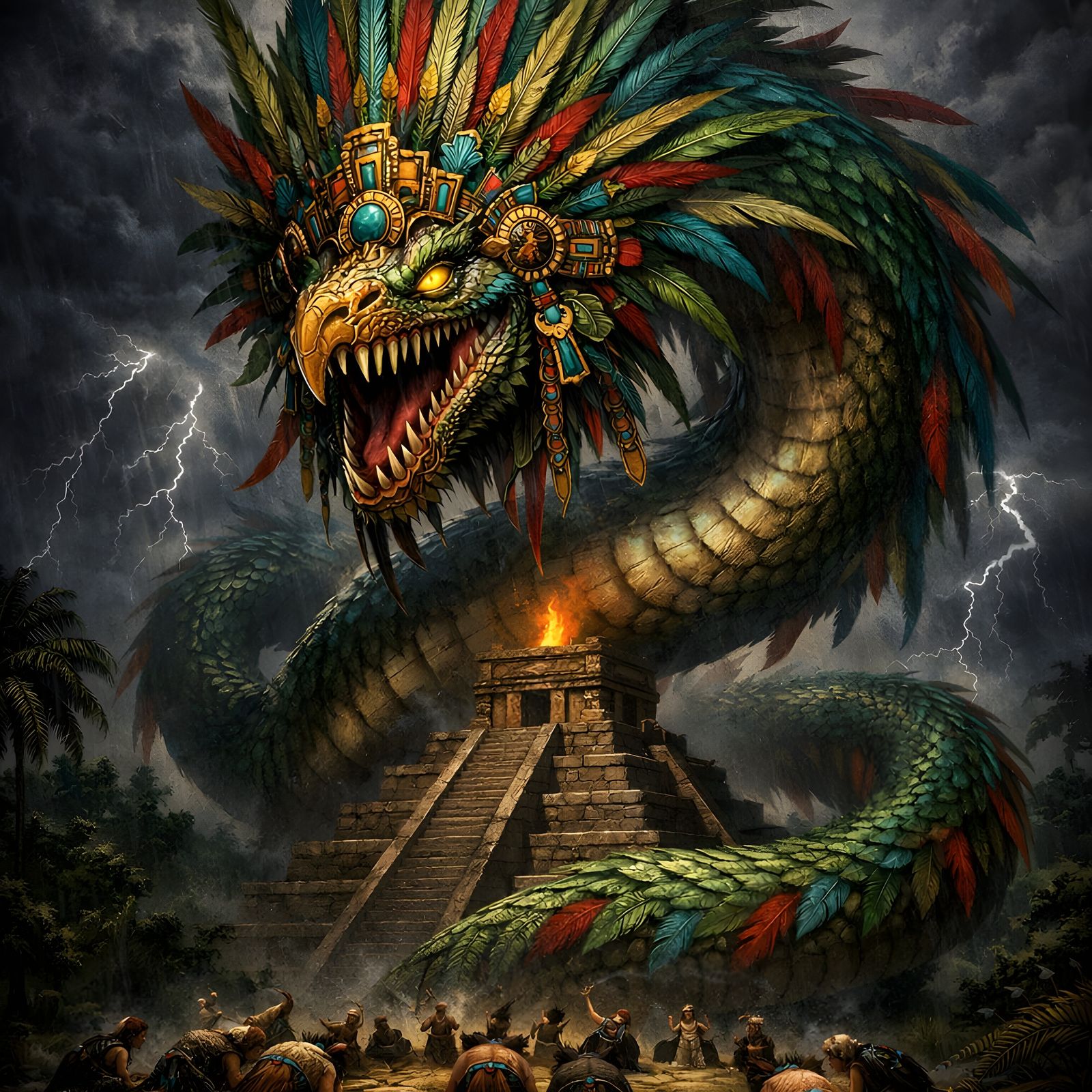 Colossal Feathered Serpent Descends on Aztec Pyramid