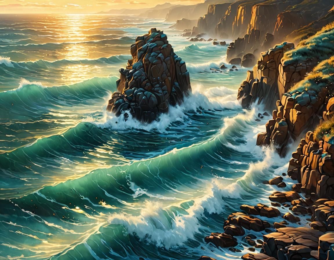 Ocean Waves Crashing in Golden Hour Oil Painting