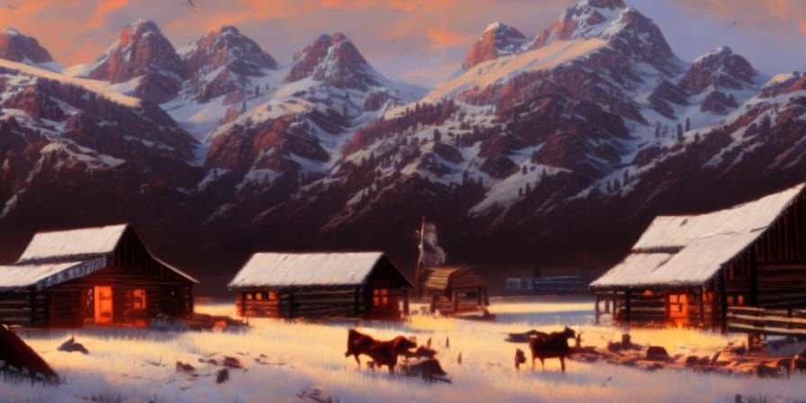 Snowy Mountain Cabins at Dusk in Western Style