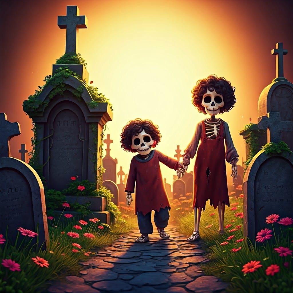 Playful Skeleton Children in a Vibrant Cemetery