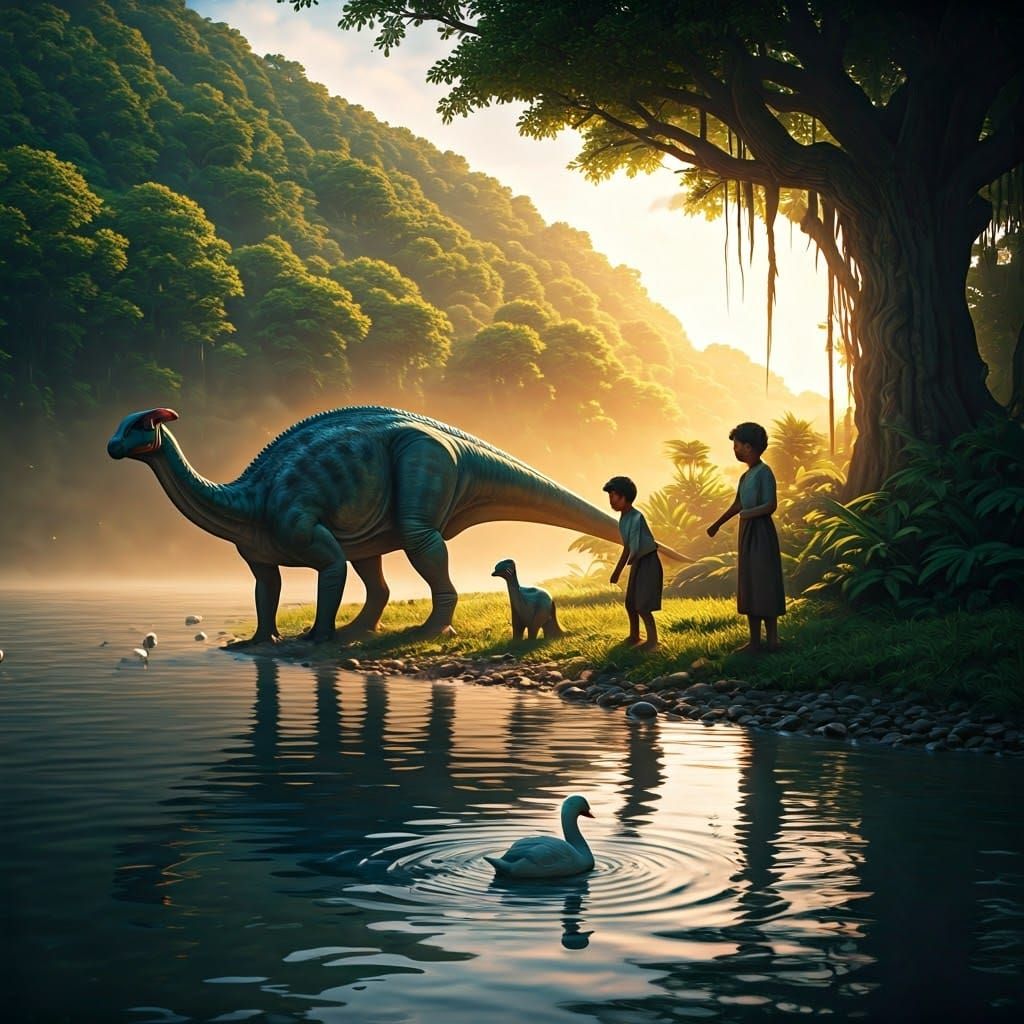 Serene Lakeside Scene with Parasaurolophus in Sunlight