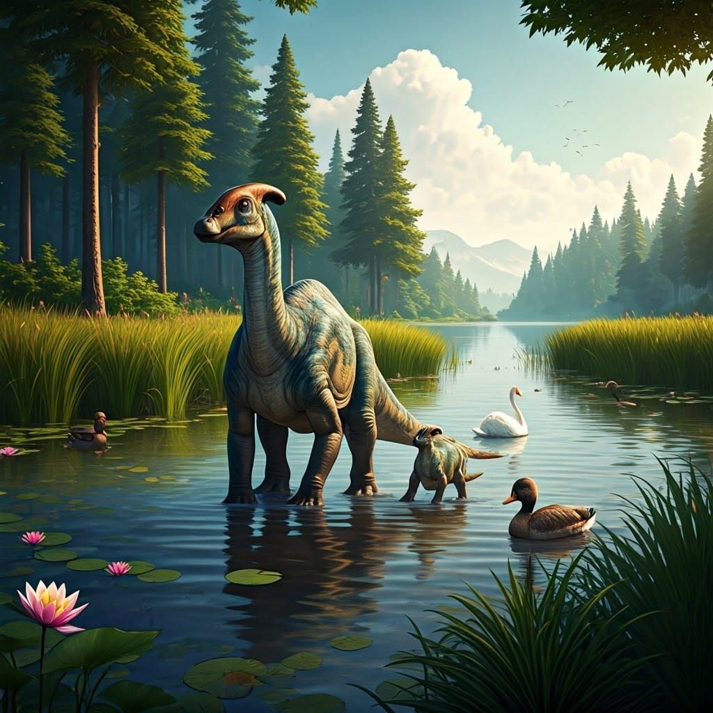 Parasaurolophus Family at Serene Lake: Fantasy Concept Art